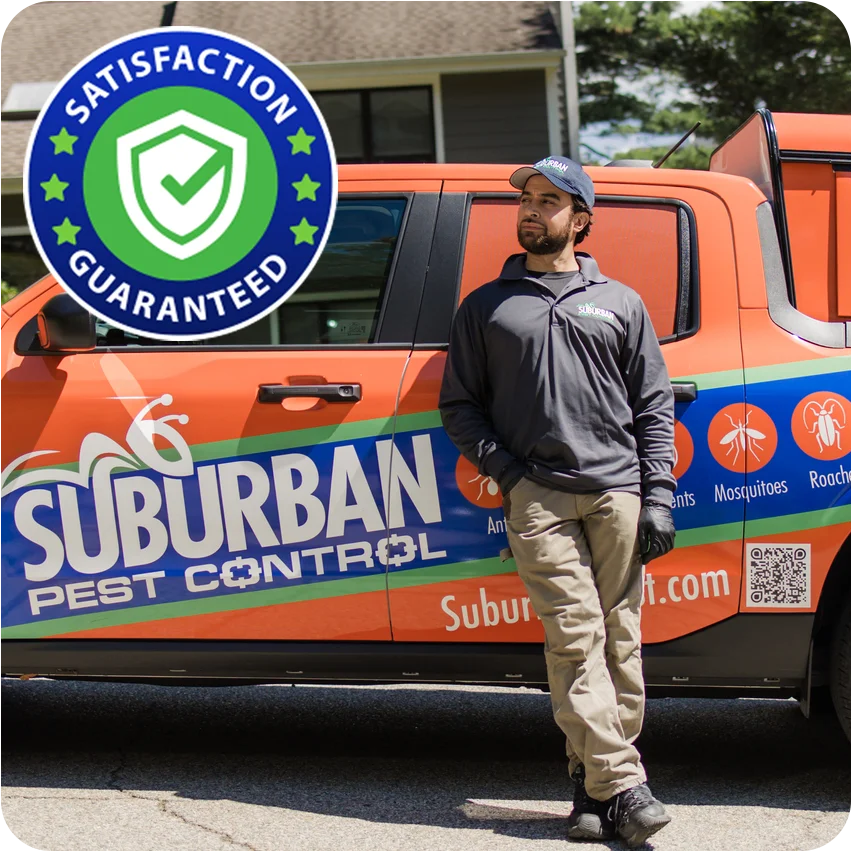 Suburban Pest Control technician leaning against truck