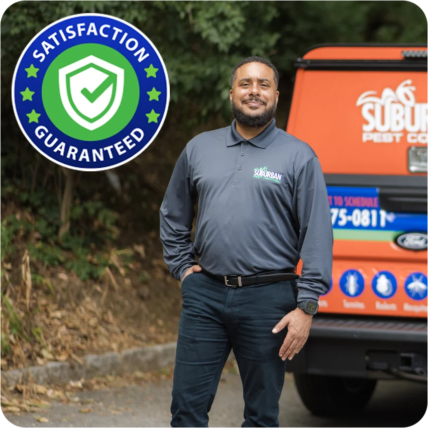 Suburban technician standing next to truck