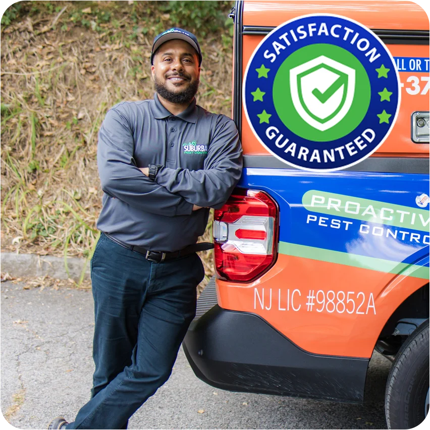 technician leaning against company truck smiling